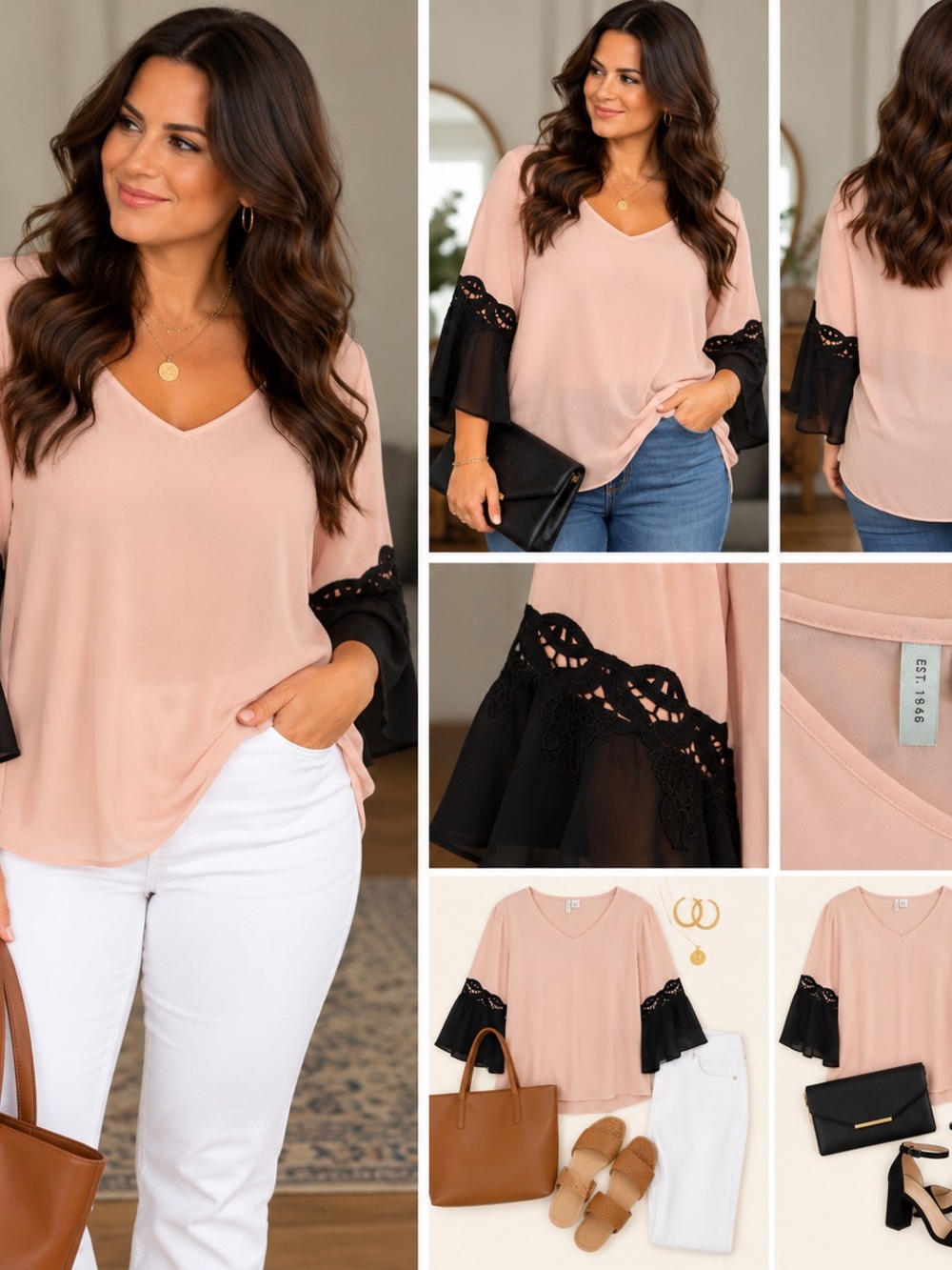 Women's Blush Pink V-Neck Top with Black Lace Bell Sleeves